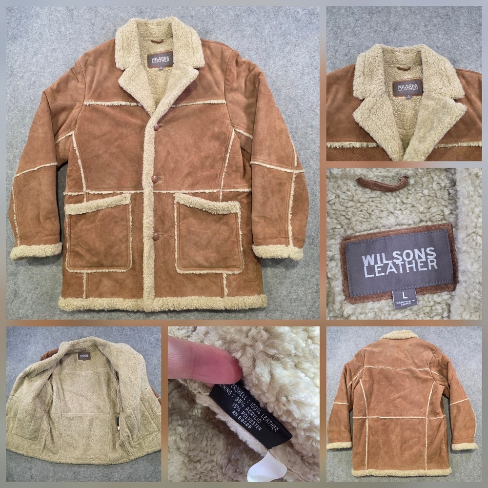 Wilsons Leather Coat Mens Large Brown Sherpa Lined Suede‎ Shearling Overcoat
